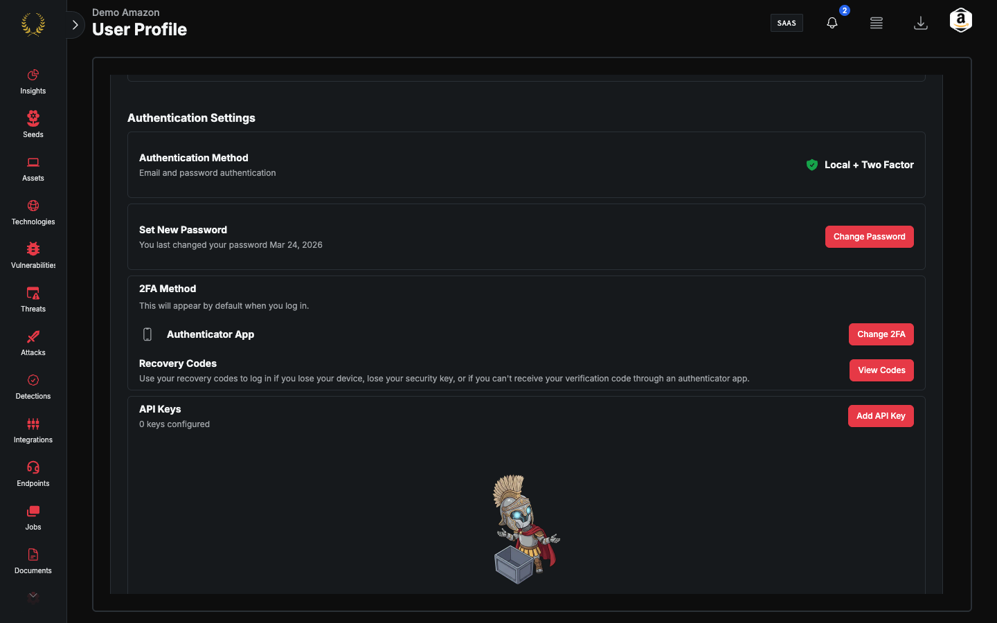 User Profile 2FA card with Authenticator App, Change 2FA, and View Codes (dark mode)