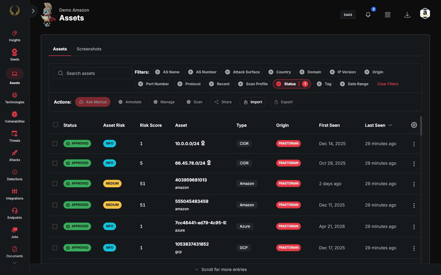 Assets table listing discovered assets with status, type, and first-seen columns (dark mode)