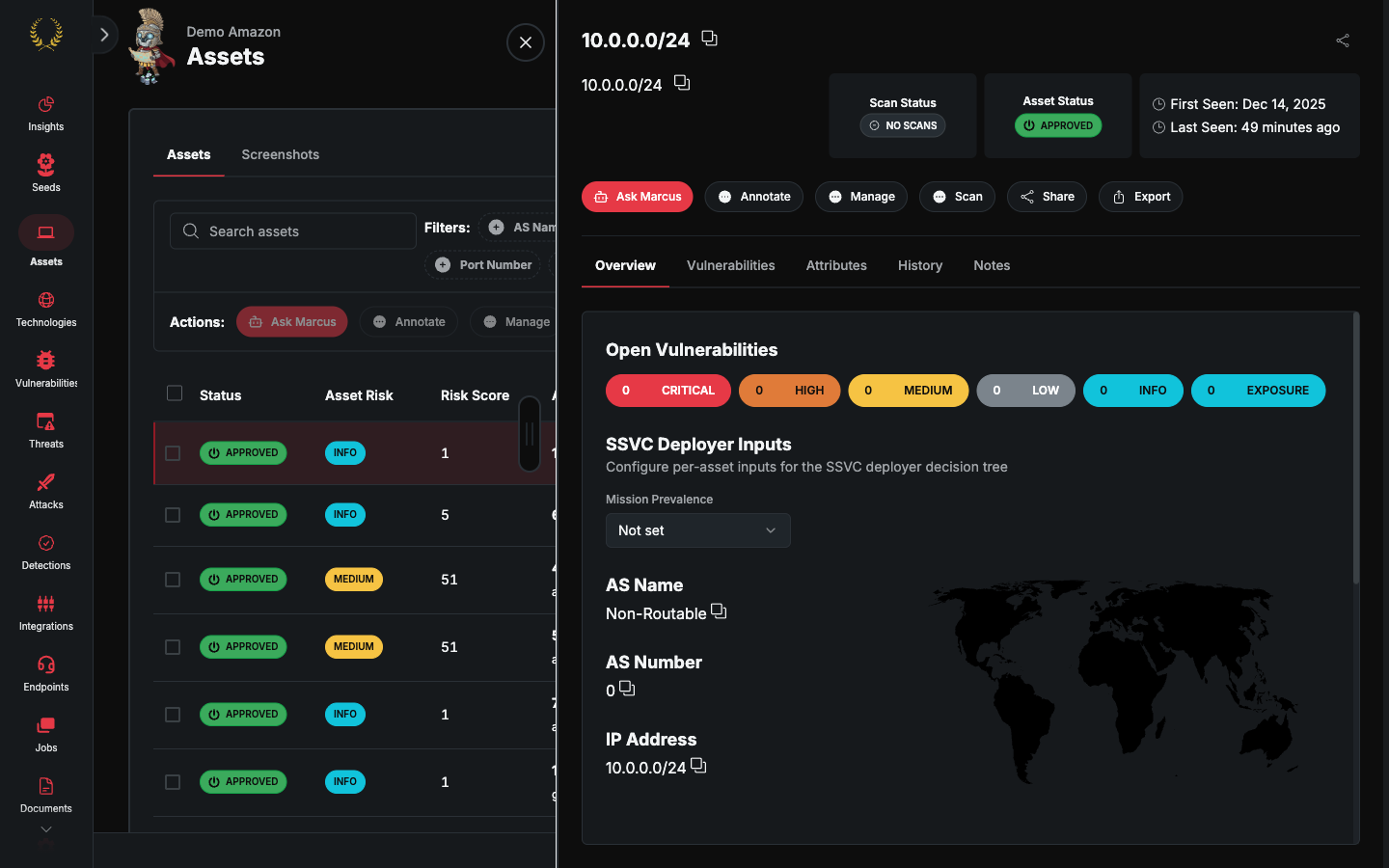 Asset detail drawer showing overview for a selected asset (dark mode)