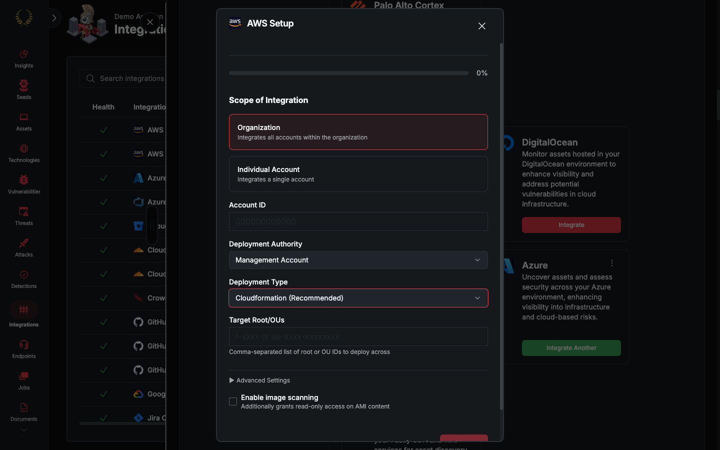AWS Setup dialog with Organization and Individual Account cards, Account ID, Deployment Authority, Deployment Type CloudFormation, Target Root/OUs, and Enable image scanning (dark mode)
