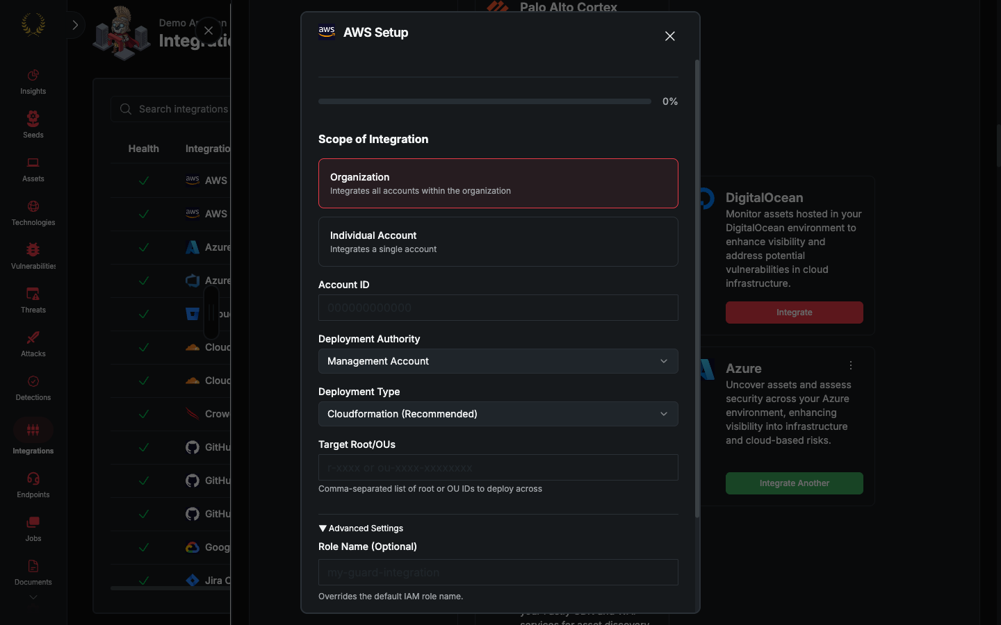 AWS Setup Advanced Settings expanded, showing Role Name (Optional) (dark mode)