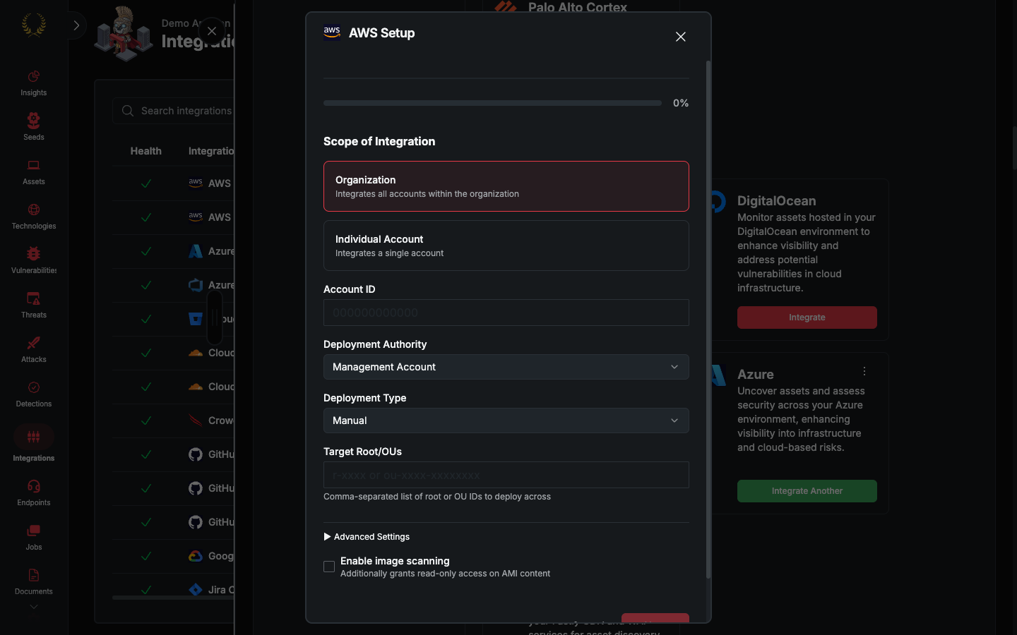 AWS Setup dialog with Deployment Type set to Manual (dark mode)