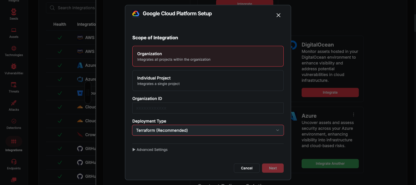 Google Cloud Platform Setup dialog with Organization scope, Organization ID, and Terraform deployment type (dark mode)