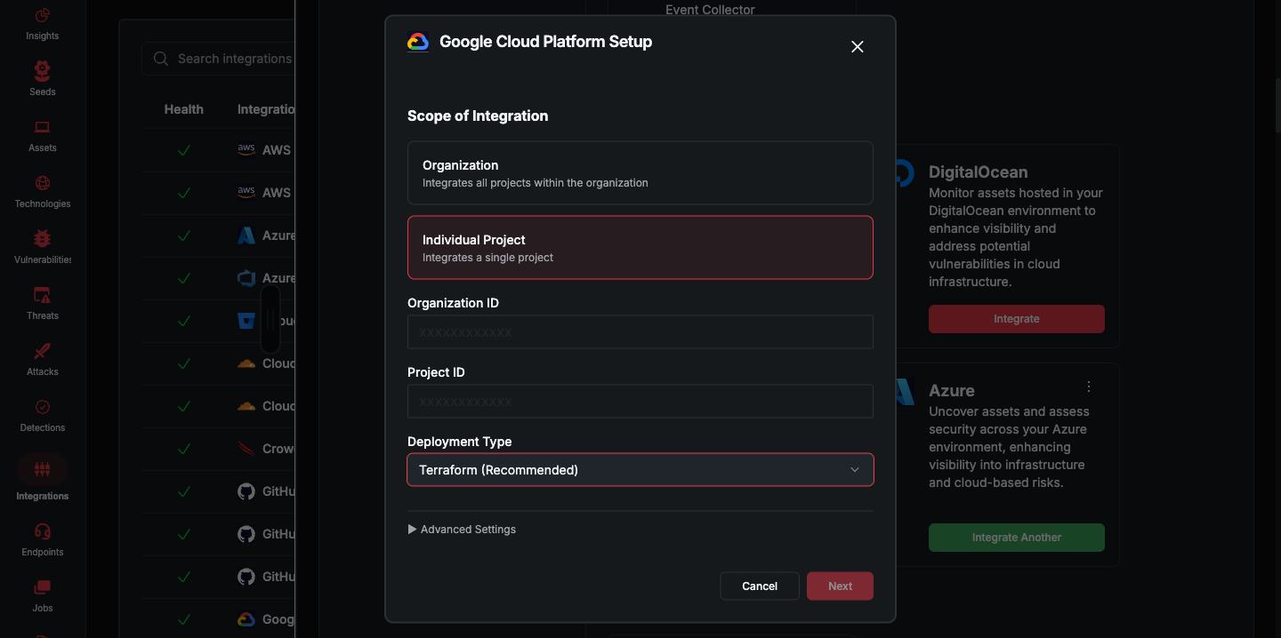 Google Cloud Platform Setup dialog with Individual Project scope, Organization ID, Project ID, and Terraform deployment type (dark mode)