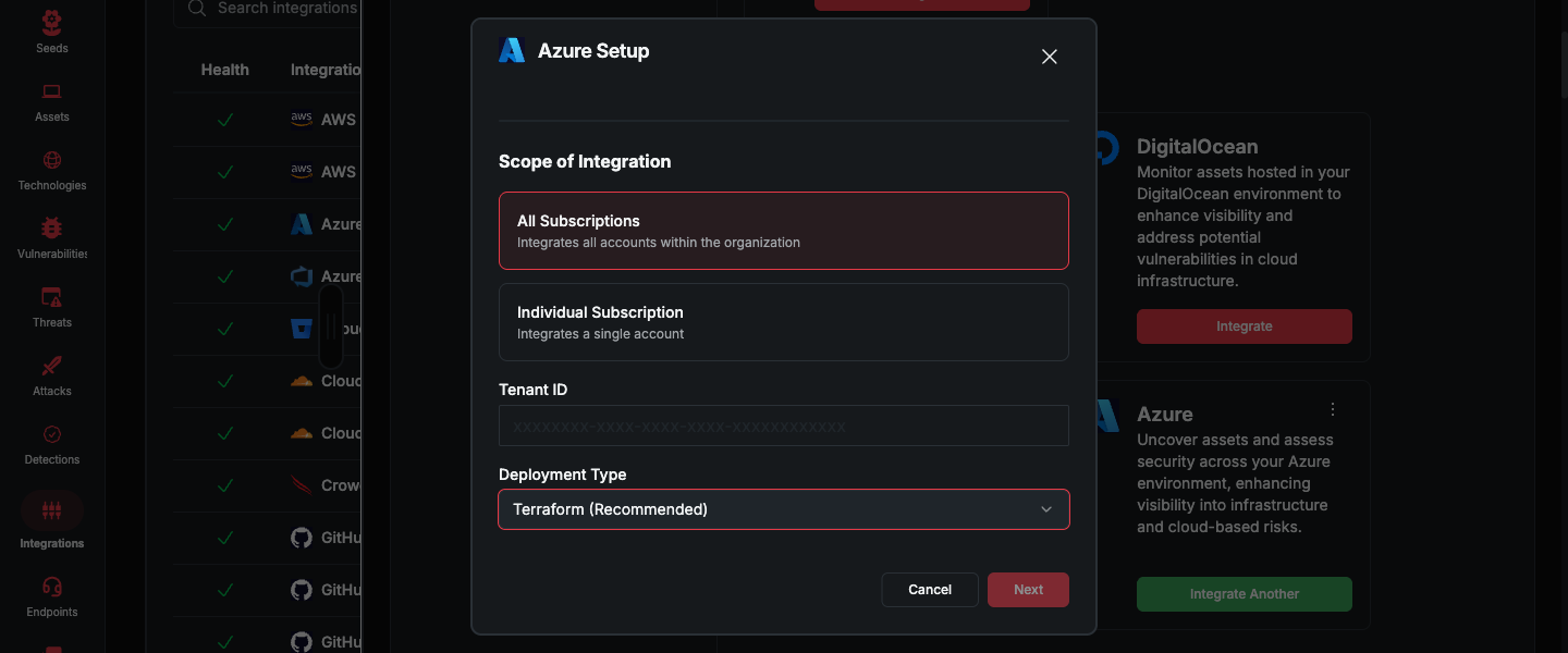 Azure Setup dialog with All Subscriptions scope, Tenant ID, and Terraform deployment type (dark mode)