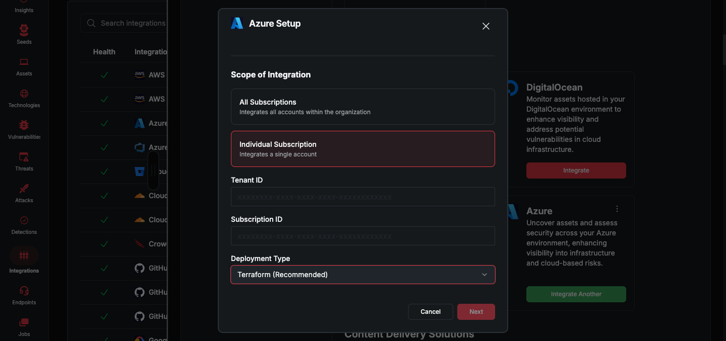 Azure Setup dialog with Individual Subscription scope, Tenant ID, Subscription ID, and Terraform deployment type (dark mode)