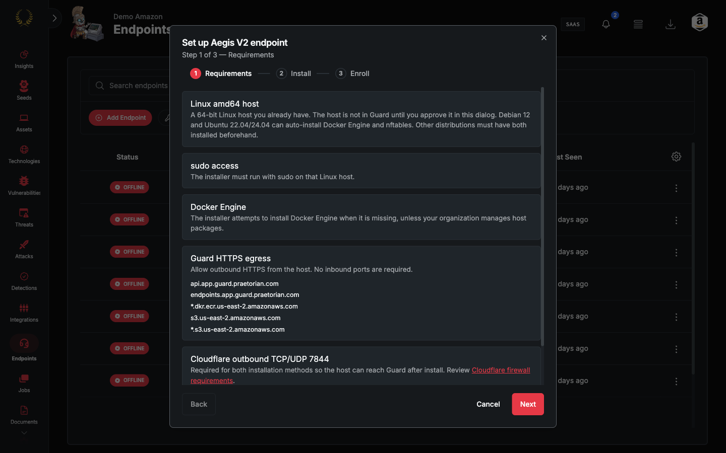 Set up Aegis V2 endpoint dialog, step 1 of 3, Requirements (dark mode)