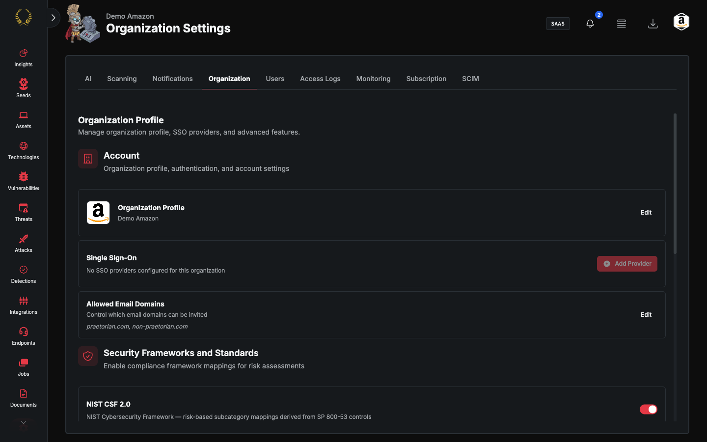 Settings Organization tab with Single Sign-On (dark mode)