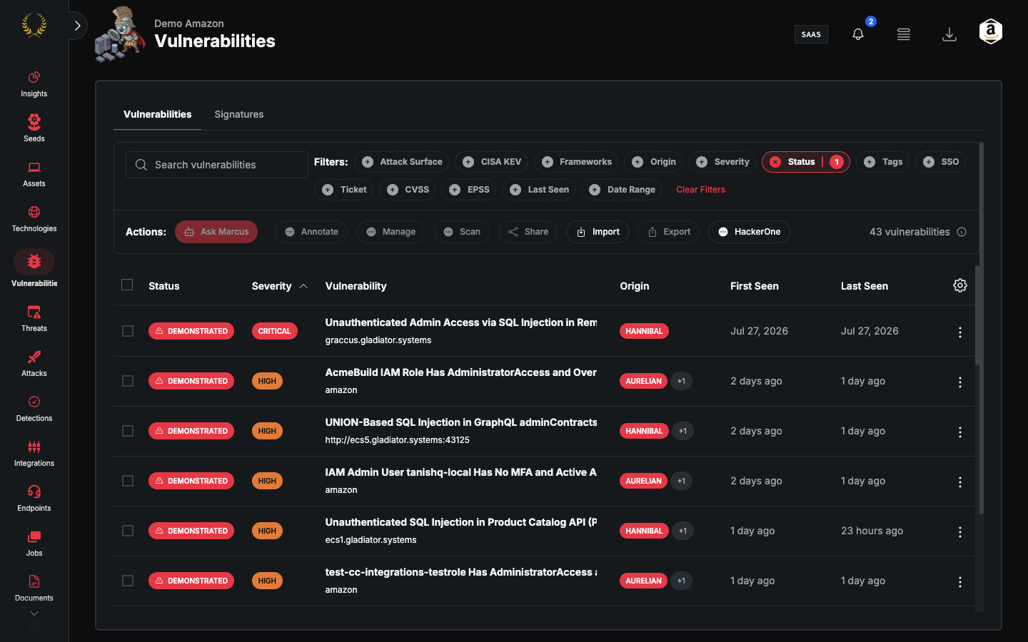 Vulnerabilities table with Demonstrated findings, severity, origin, and dates (dark mode)