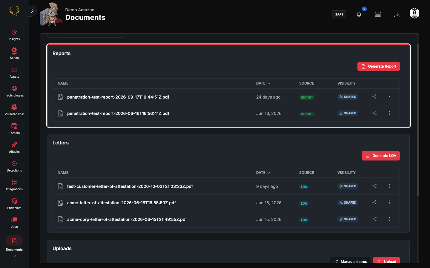 Documents page with the Reports section and Generate Report (dark mode)