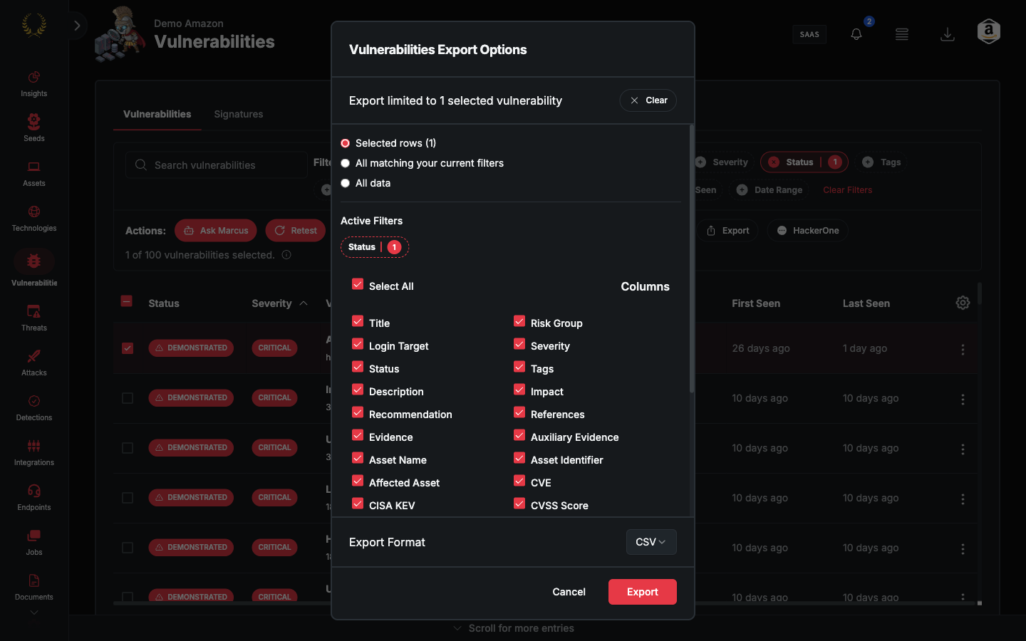 Vulnerabilities export modal with columns and CSV format (dark mode)