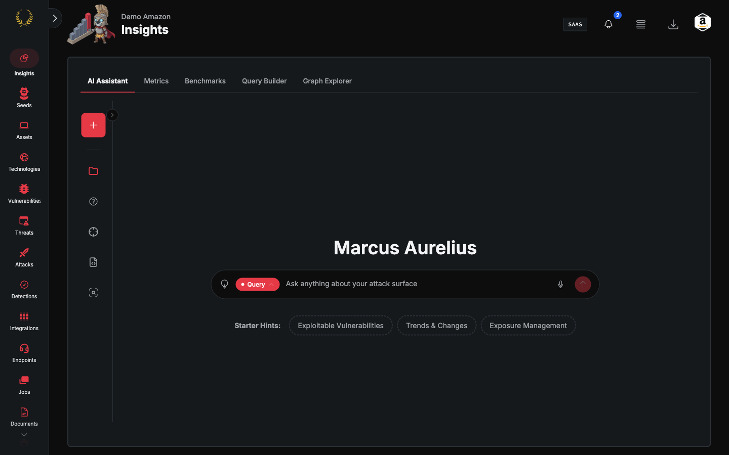 Insights AI Assistant with Marcus Aurelius and the ask box (dark mode)
