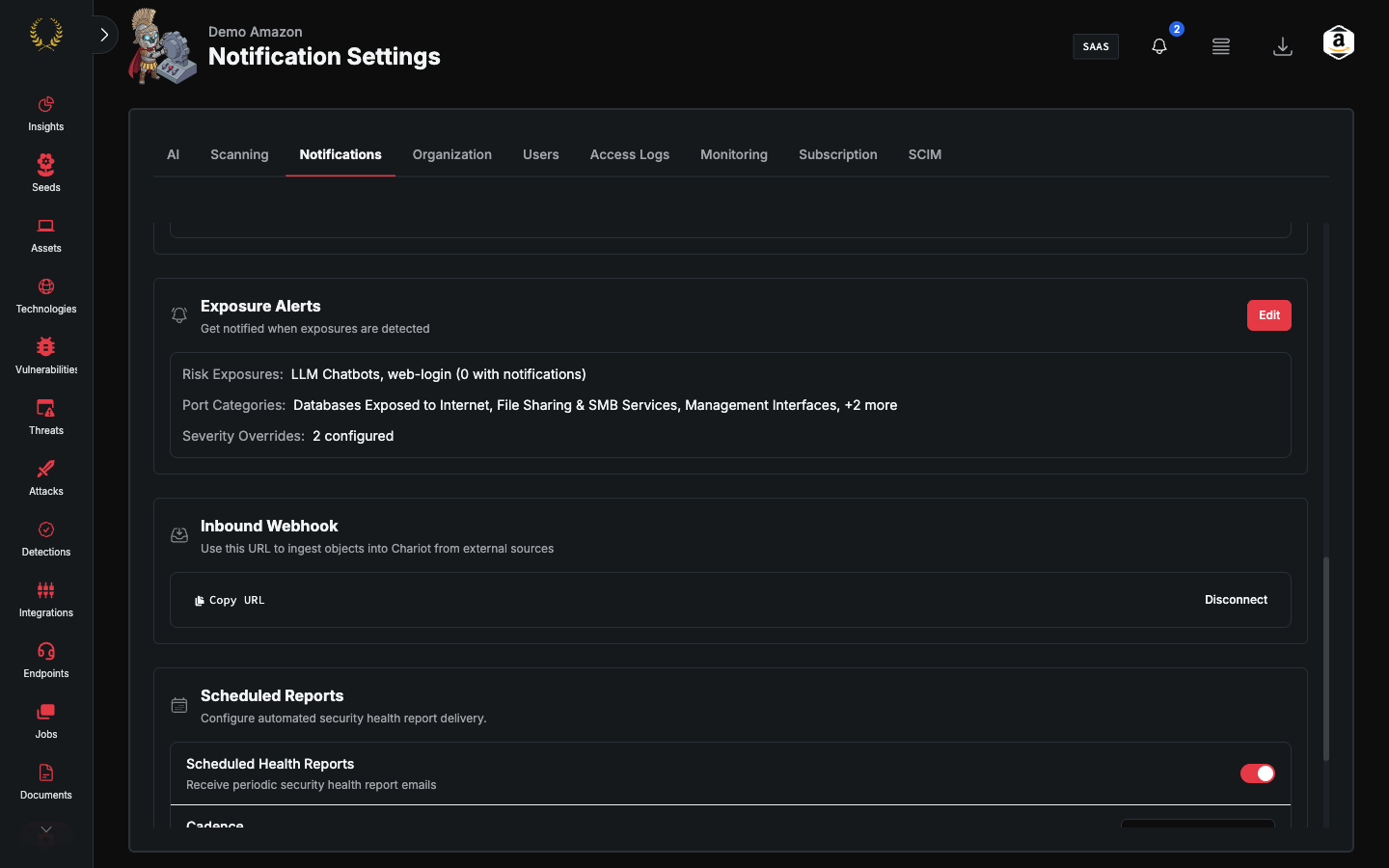 Settings Notifications tab with inbound and outbound webhooks (dark mode)