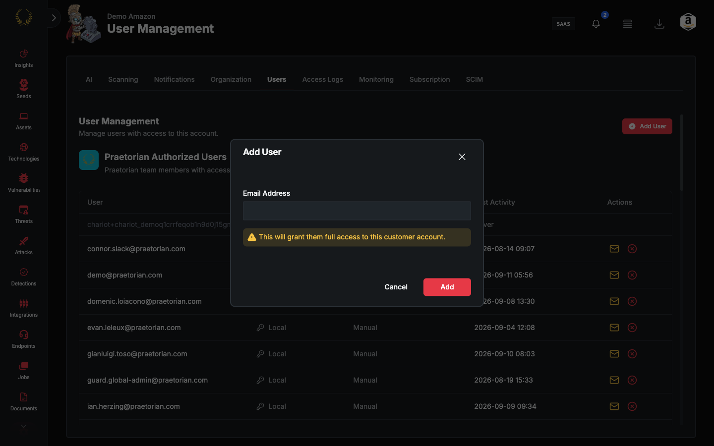 Add User modal for inviting an email address (dark mode)