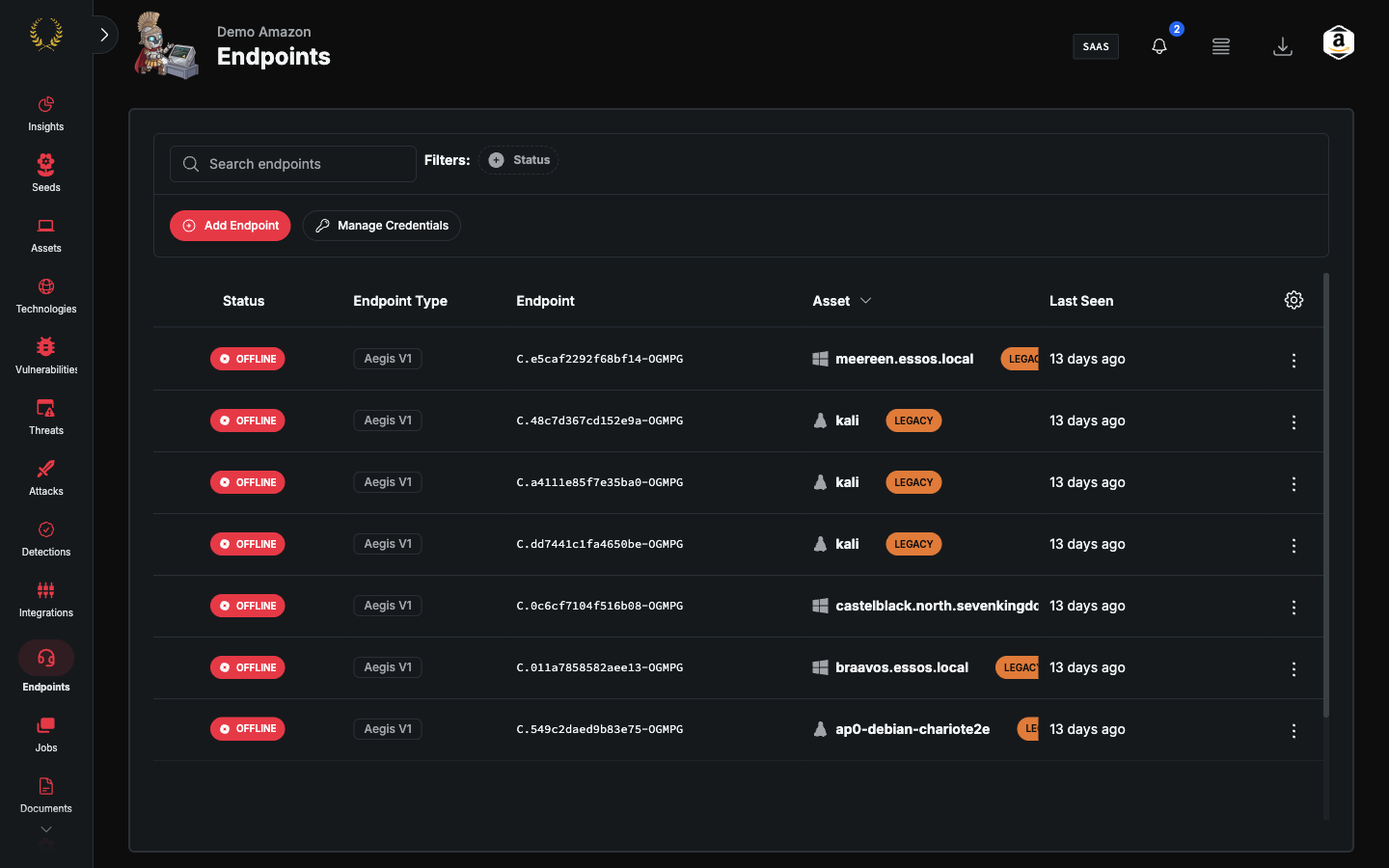 Endpoints table with Add Endpoint and mixed Aegis V1 rows (dark mode)