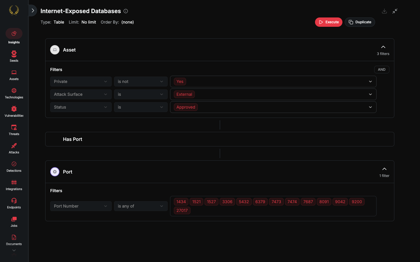 Insights Query Builder with saved queries and visual editor (dark mode)