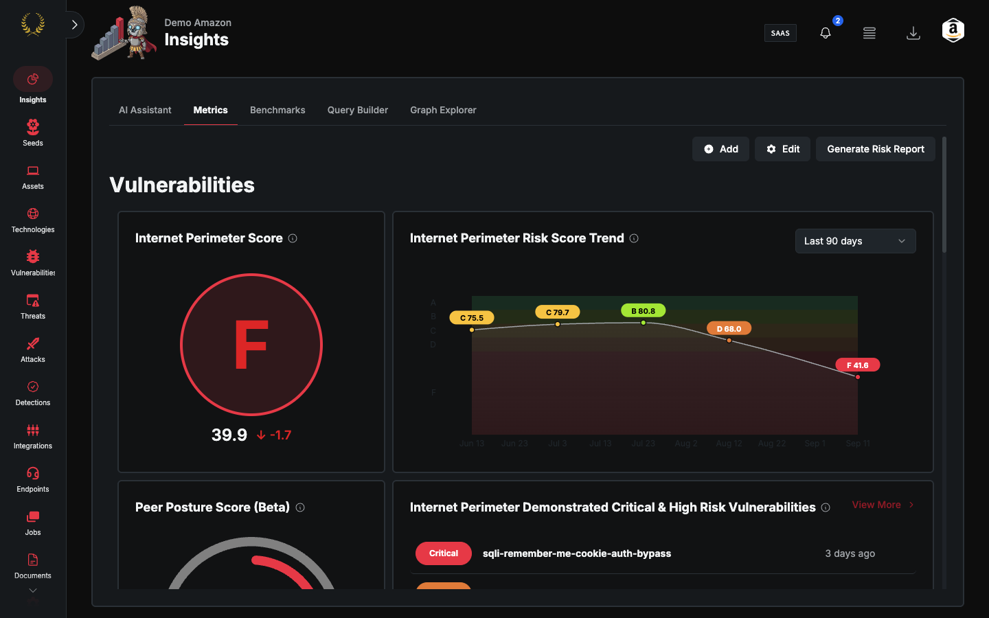 Insights Metrics dashboard with Vulnerabilities, Assets, and Remediation widgets (dark mode)