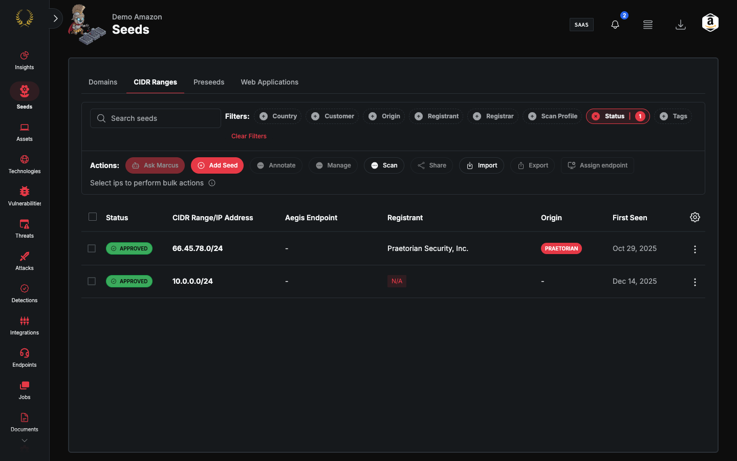 CIDR Ranges tab with the Add Seed control and the CIDR Range/IP Address column