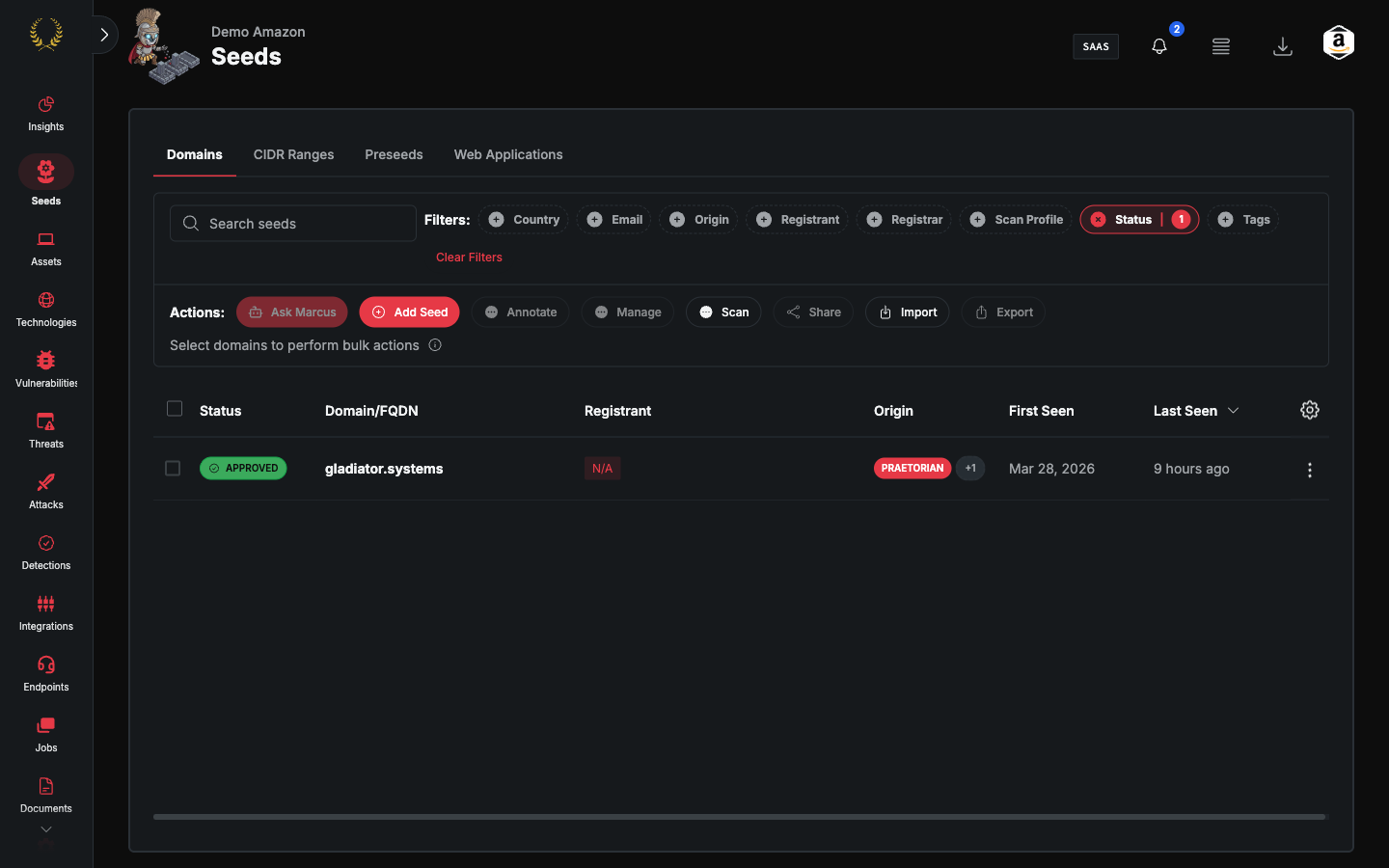 Seeds page with Domains, CIDR Ranges, Preseeds, and Web Applications tabs (dark mode)