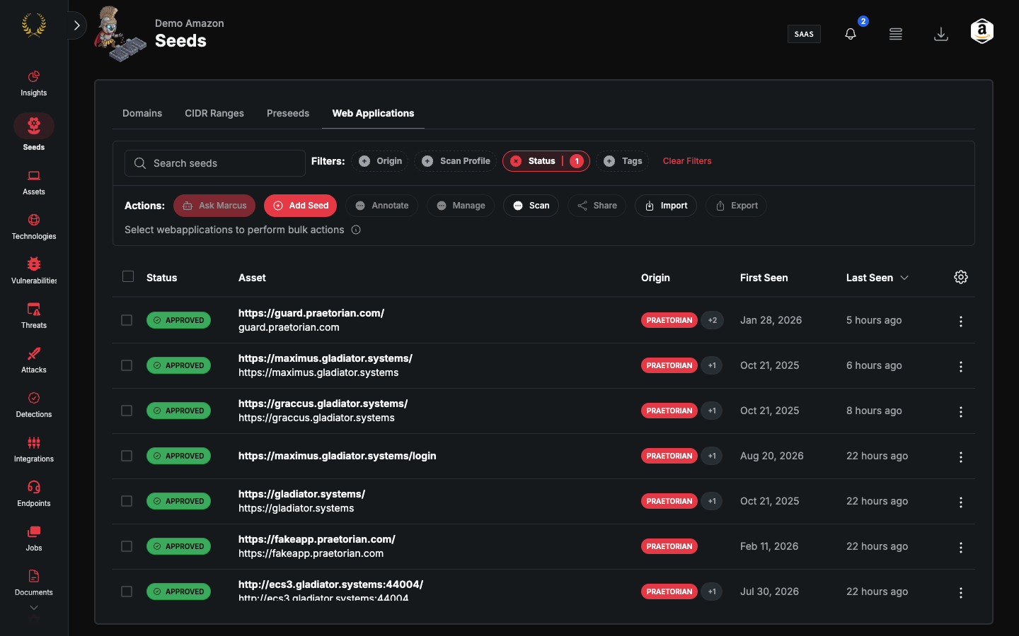 Web Applications tab with the Add Seed control and the Asset column