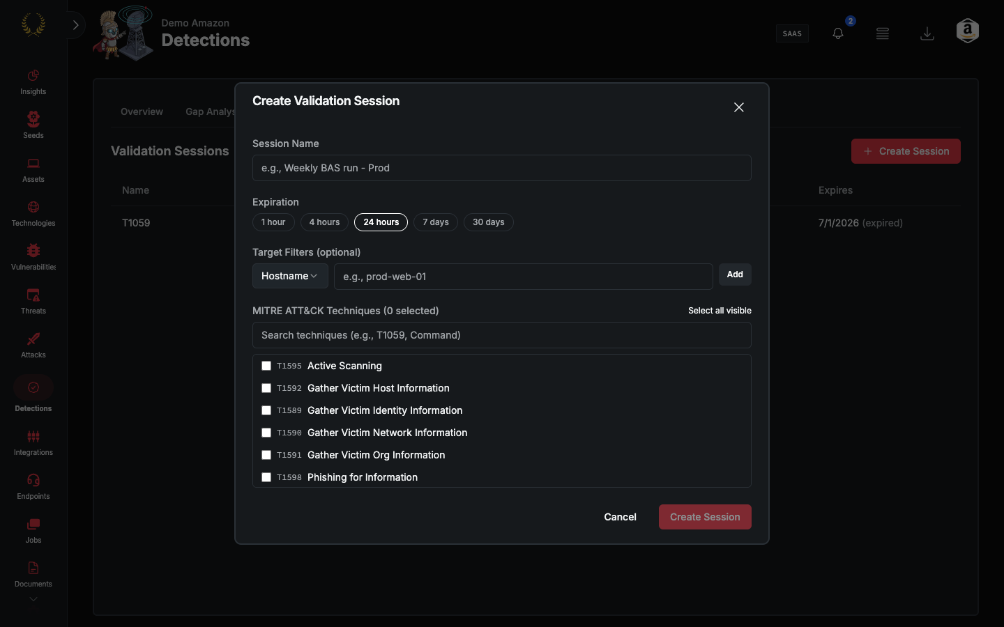 Create Validation Session dialog with name, expiration, and target filters (dark mode)