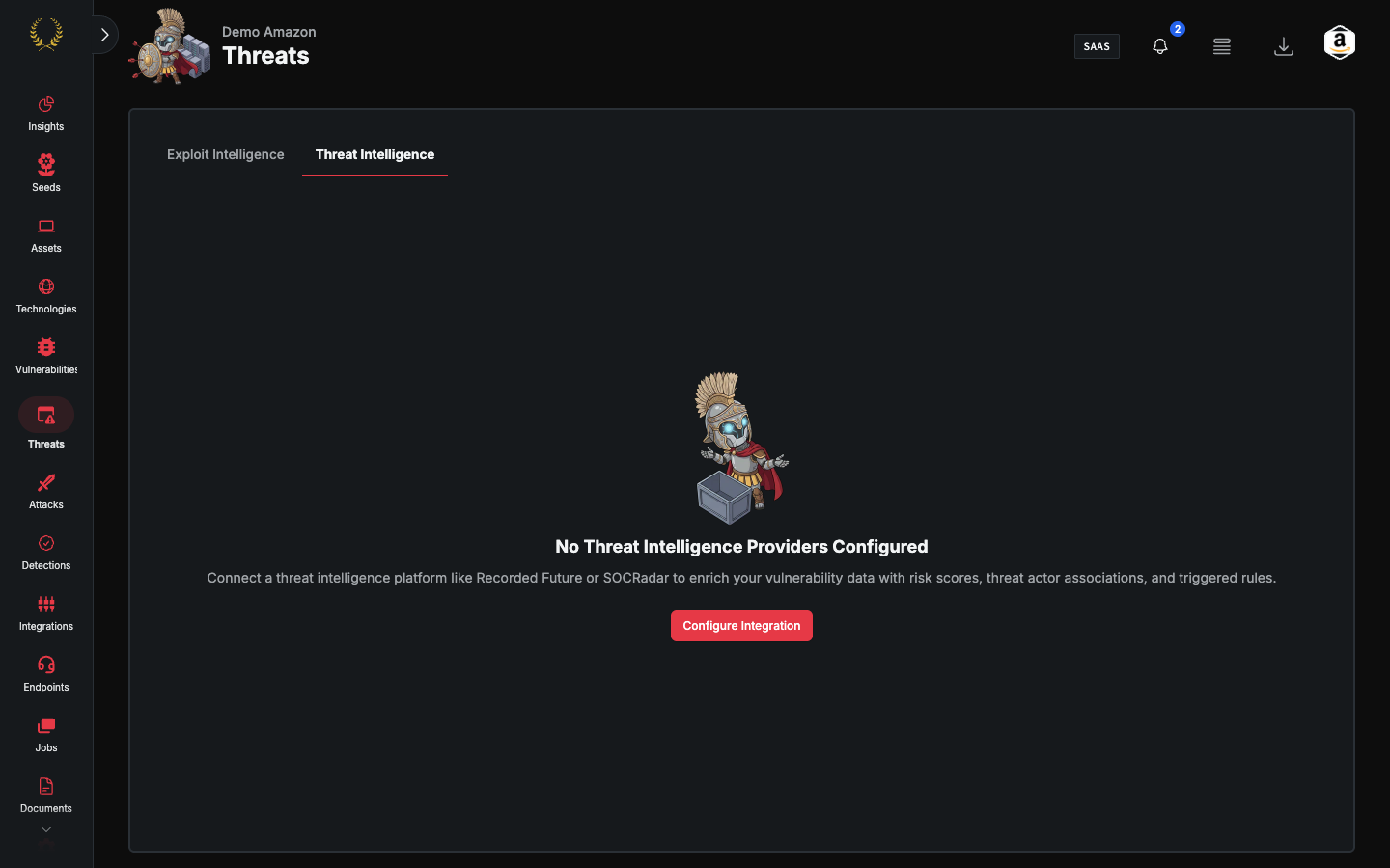 Threat Intelligence tab with no providers and the Configure Integration control