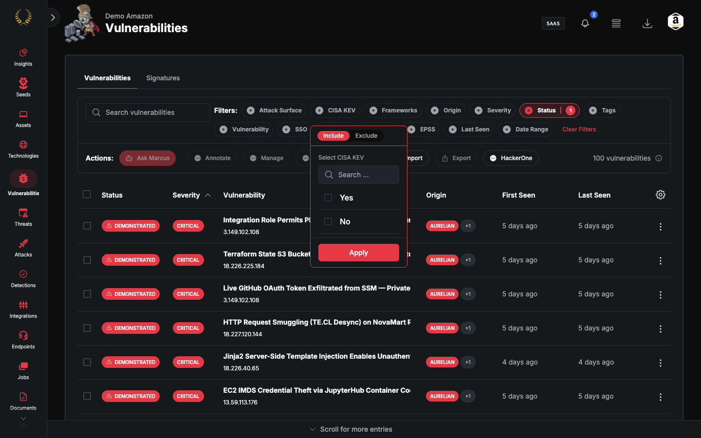 Vulnerabilities page with the CISA KEV filter open to Yes and No, and the epss filter beside it