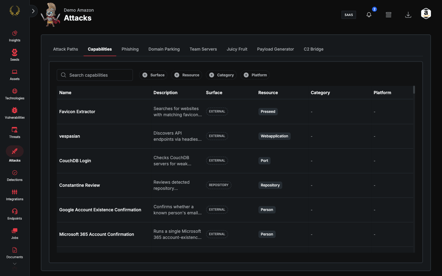 Attacks Capabilities table with Surface, Resource, Category, and Platform filters (dark mode)