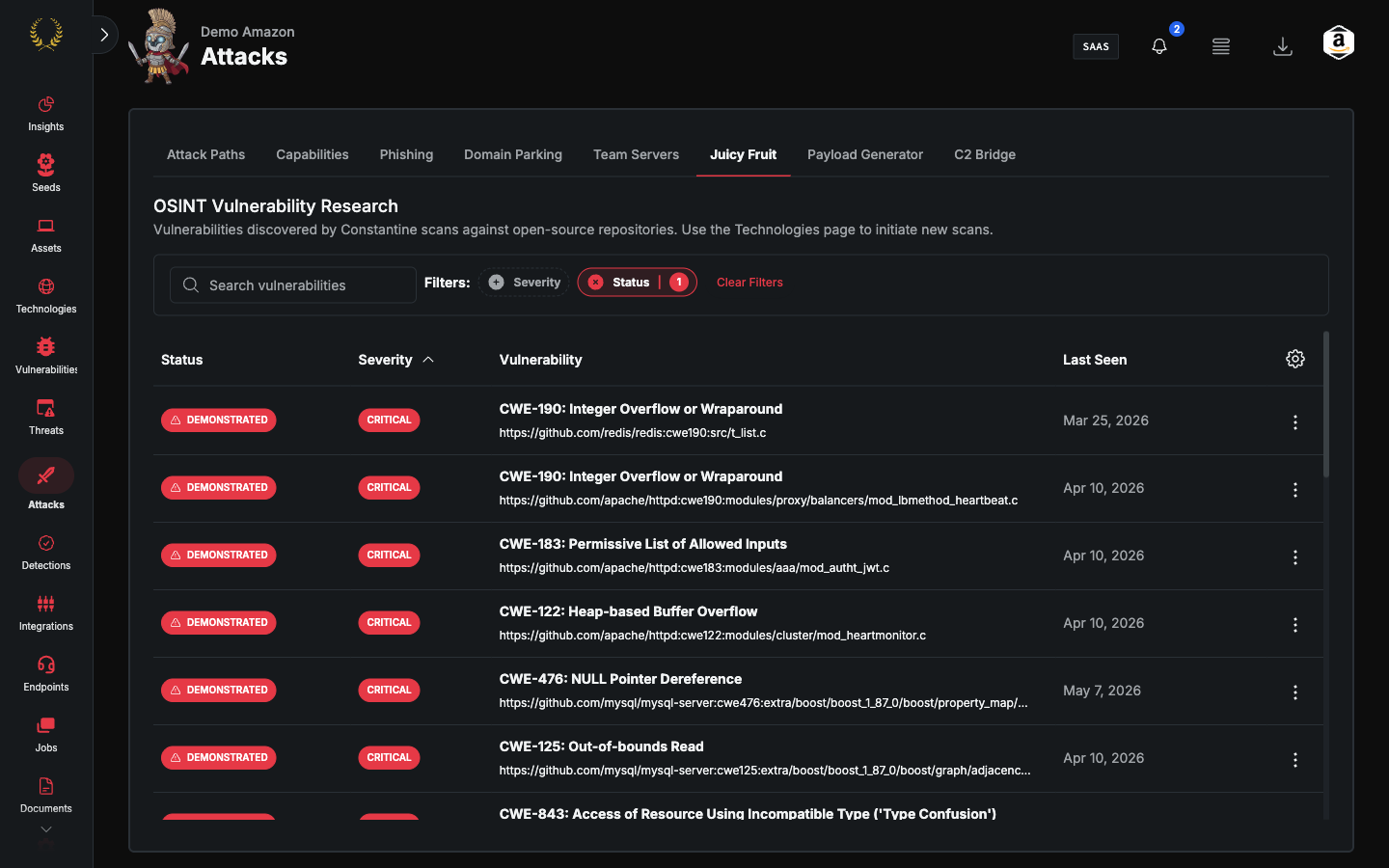 Attacks Juicy Fruit table of Constantine repository findings (dark mode)