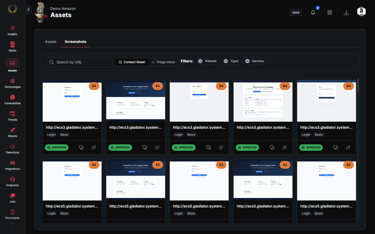 Assets Screenshots tab in Contact Sheet view with risk scores and login badges (dark mode)
