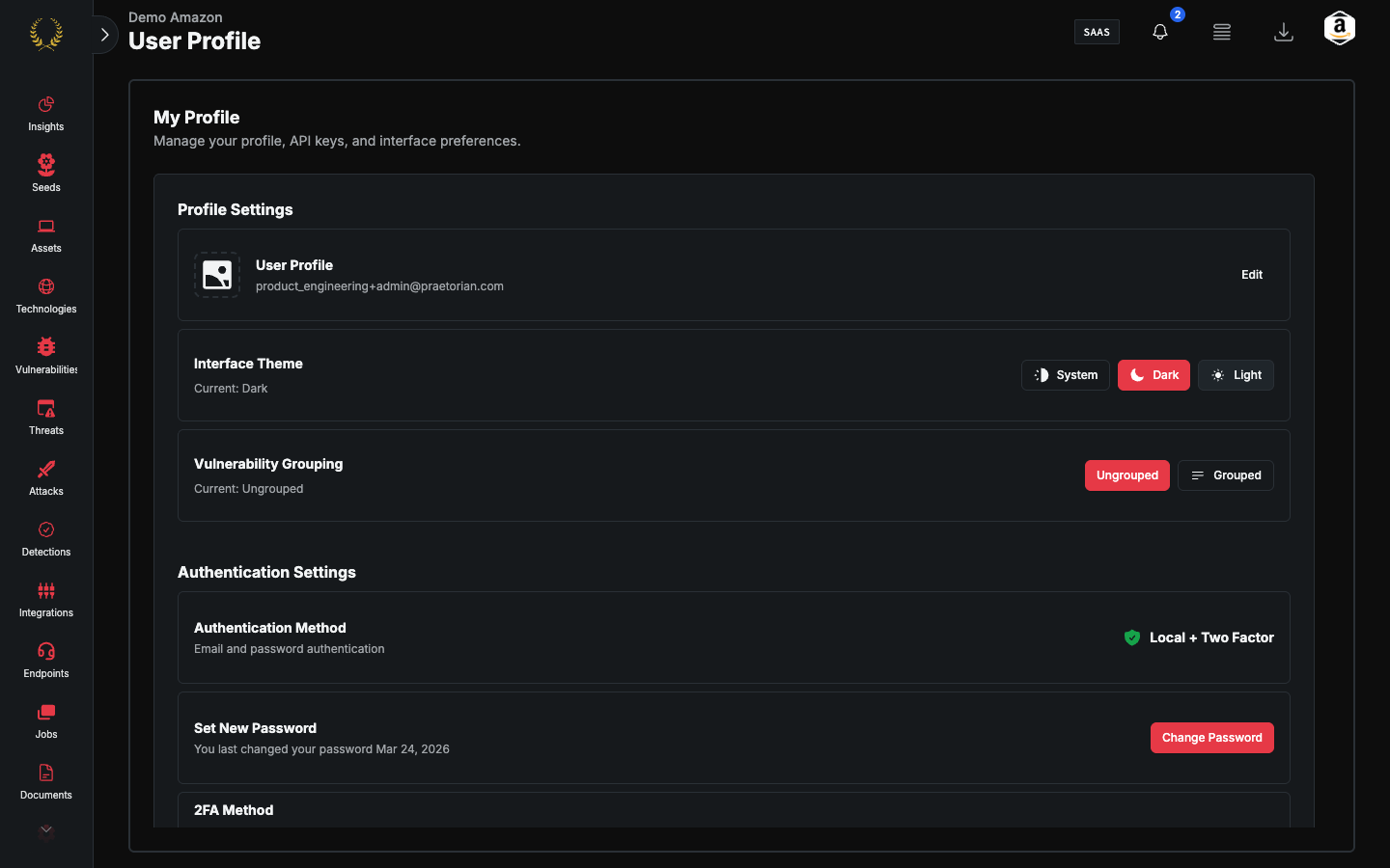 User Profile with My Profile, Interface Theme, and Vulnerability Grouping (dark mode)