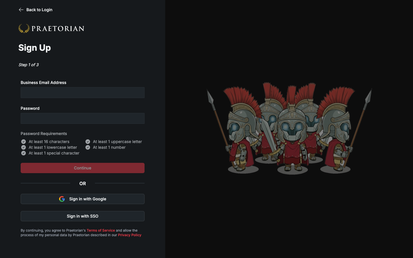 Sign Up page, step 1 of 3, with email and password (dark mode)