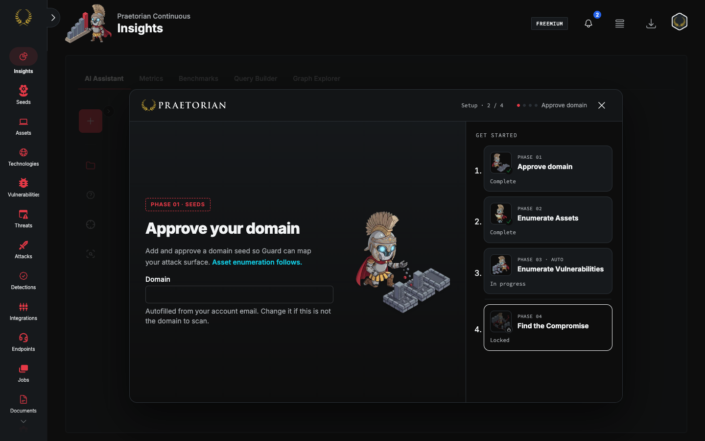 Approve domain step of the freemium setup wizard, with the domain field and a disabled Approve seed button